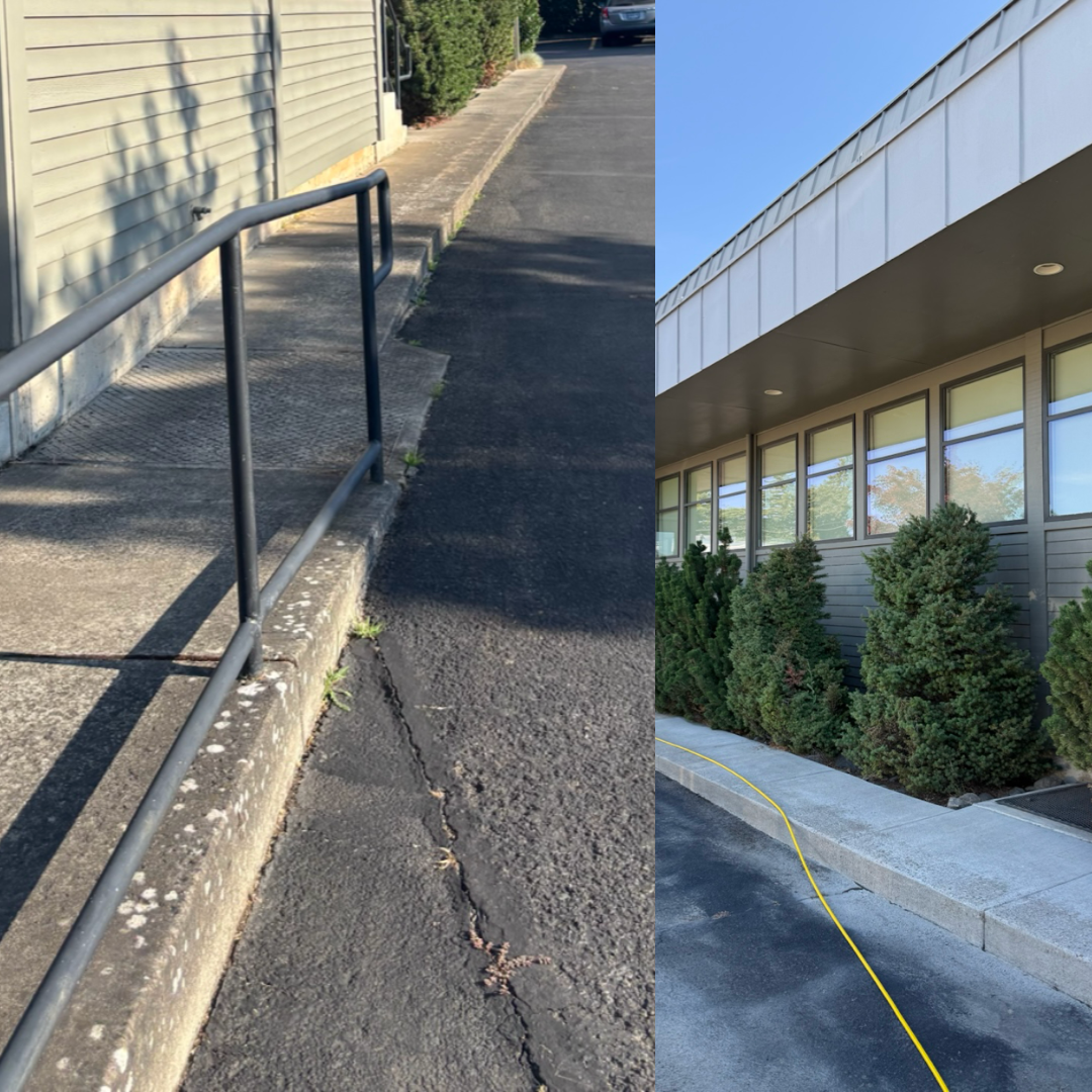 Commercial property before and after pressure washing — concrete steps and building exterior