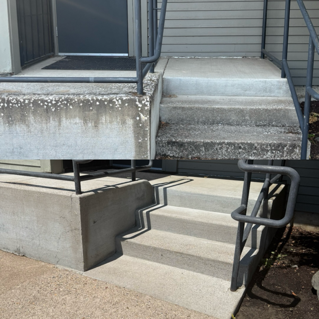 Commercial property before and after pressure washing — entrance stairs cleaning
